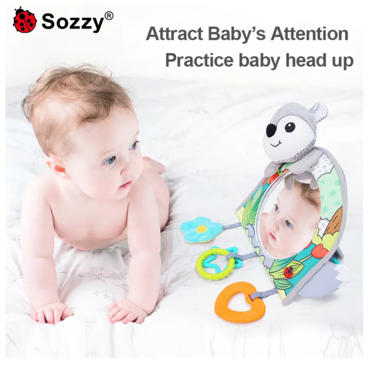 Sozzy Baby Teether Fox Mirror: Attract Attention Travel Car Seat & Stroller Hanging Toys - Gray