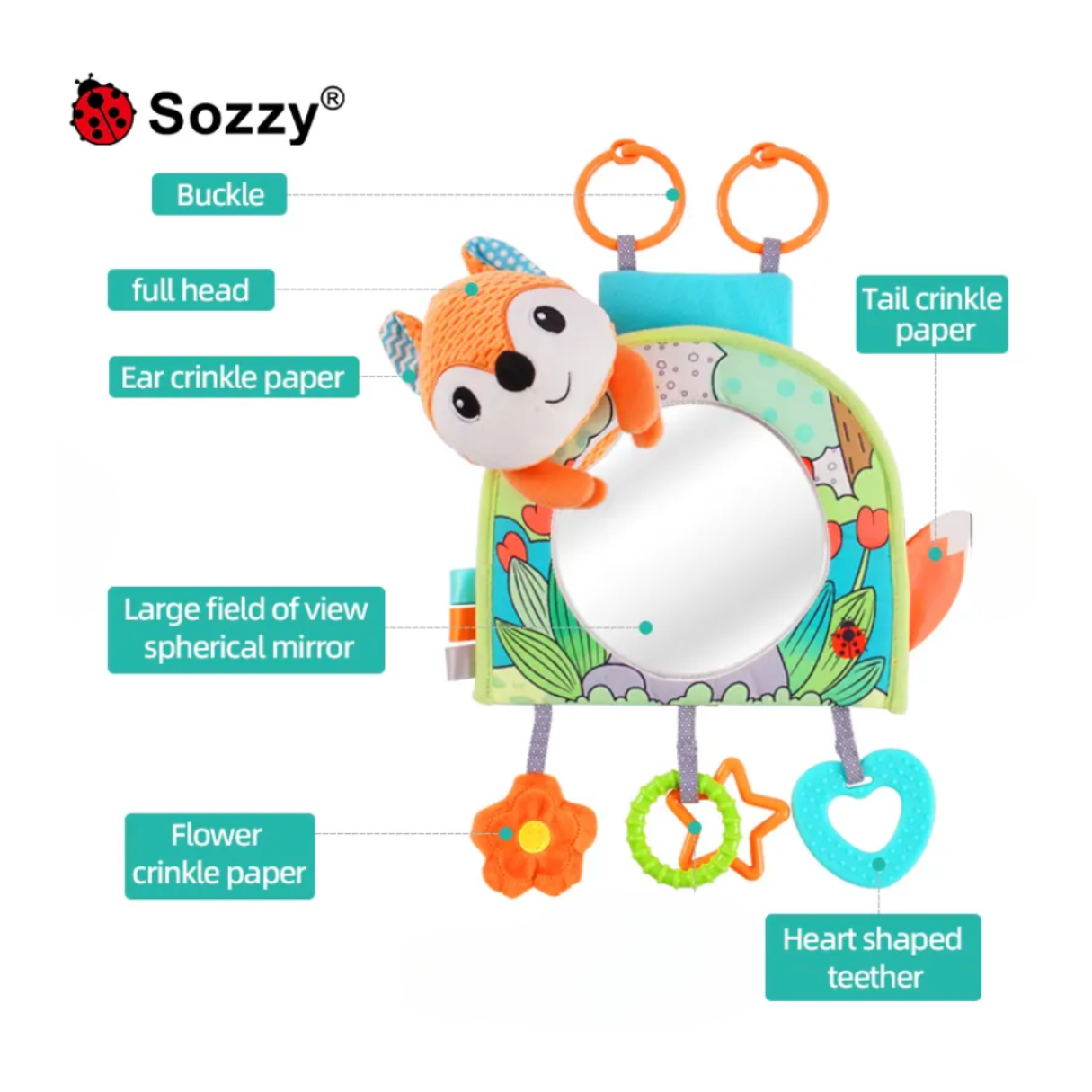Sozzy Baby Teether Fox Mirror: Attract Attention Travel Car Seat & Stroller Hanging Toys - Gray