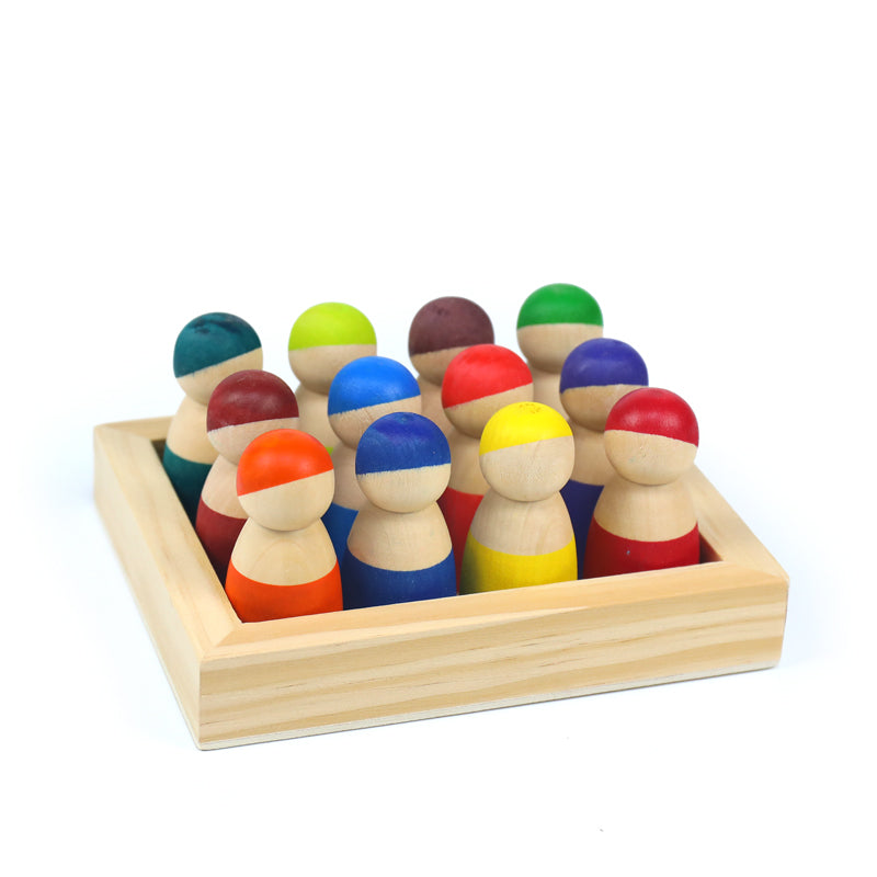 Prism Play 12 Pcs Rainbow Wooden Peg Dolls Friends with Tray