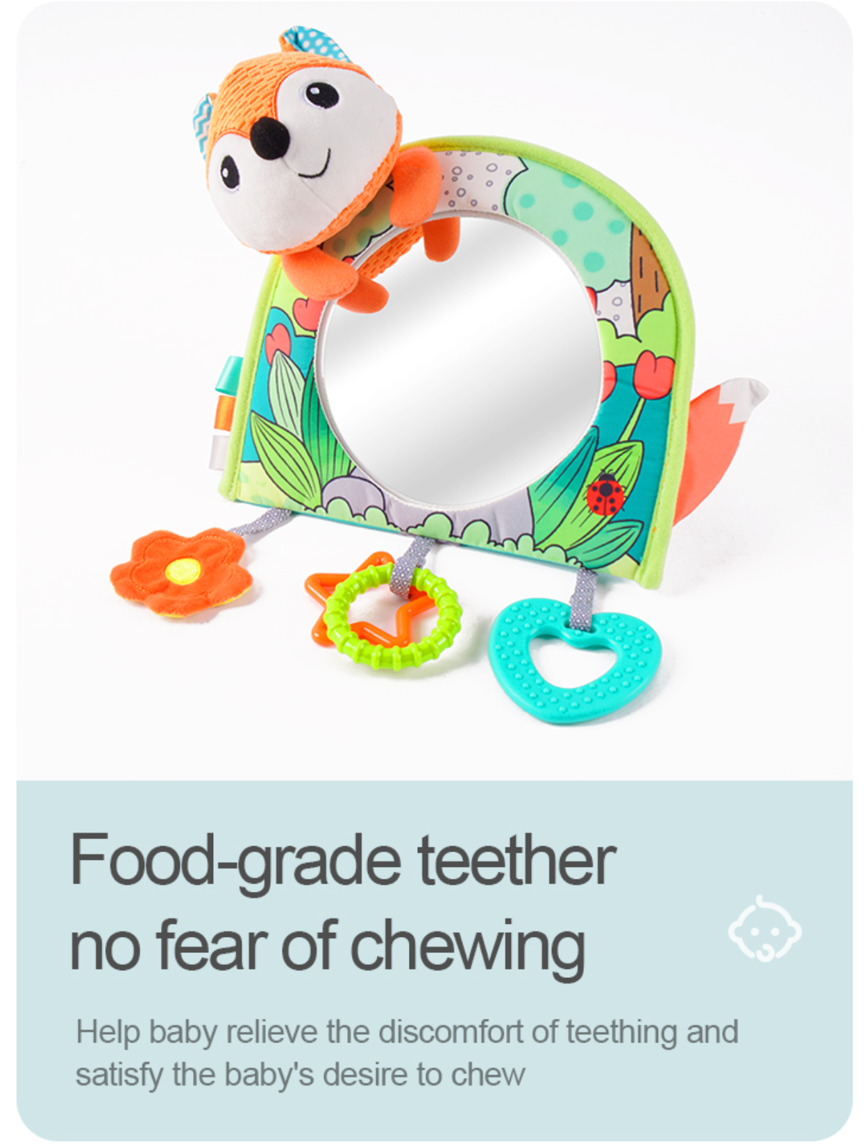 Sozzy Baby Teether Fox Mirror: Attract Attention Travel Car Seat & Stroller Hanging Toys - Gray