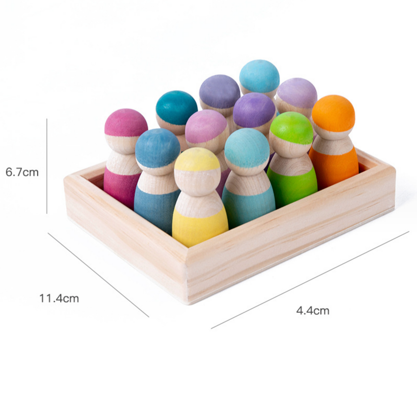 Prism Play 12 Pcs Rainbow Wooden Peg Dolls Friends with Tray - Pastel Macaron