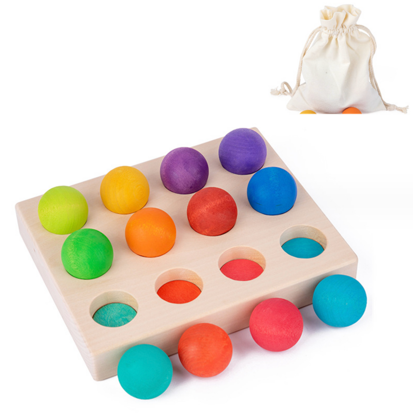 Prism Play 12-Piece Rainbow Wooden Sorting Balls Set with Tray & Storage Bag