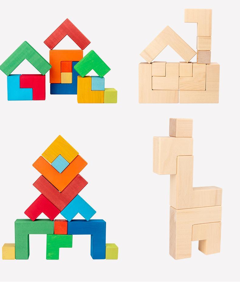 Wooden Rainbow Corner-Square Large Jigsaw Puzzle Block--12 PCS Montessori