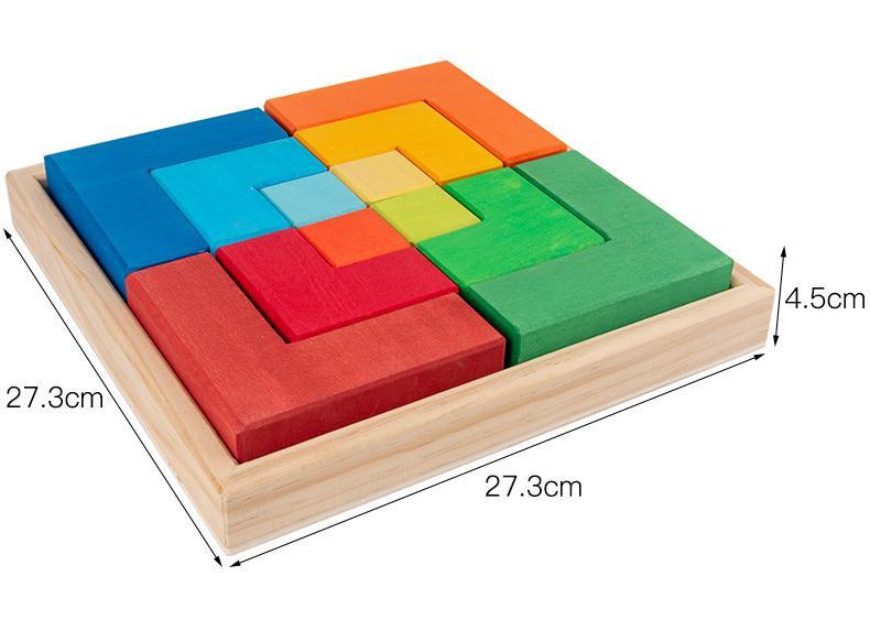 Wooden Rainbow Corner-Square Large Jigsaw Puzzle Block--12 PCS Montessori