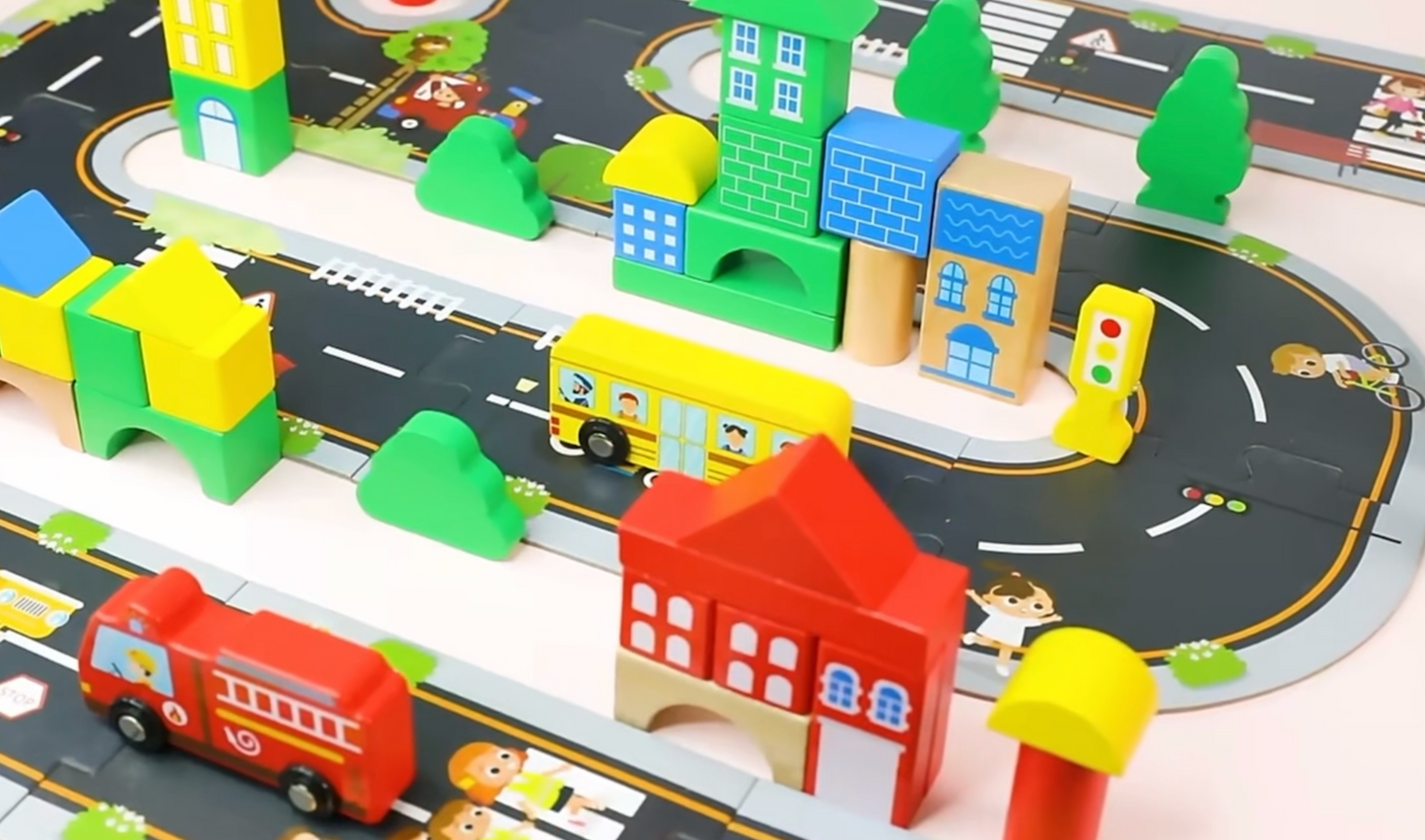 Super Combo! TookyToy 50 Pcs City Block + 21 Pcs City Cardboard Floor Puzzle