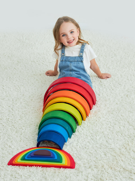 Wooden-rainbow-Kids-Toy-Rubberwood-Montessori-12-Piece-Large-Wooden-Rainbow-Stacker-Best Seller