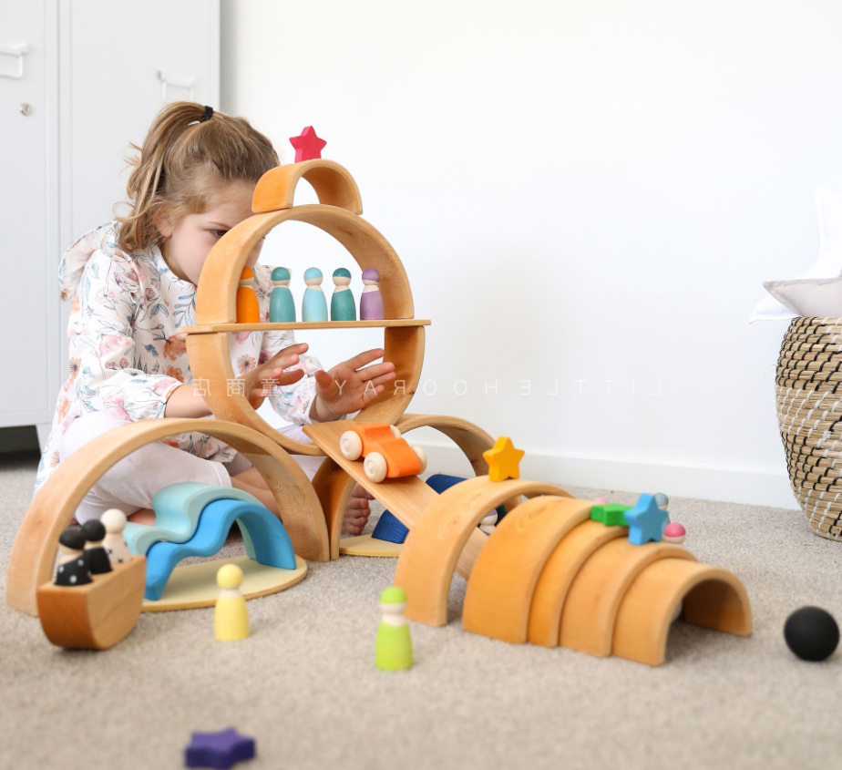 Prism Play Rubberwood 12 Pcs Large Rainbow Stacker -Naturally Colour Unvarnished
