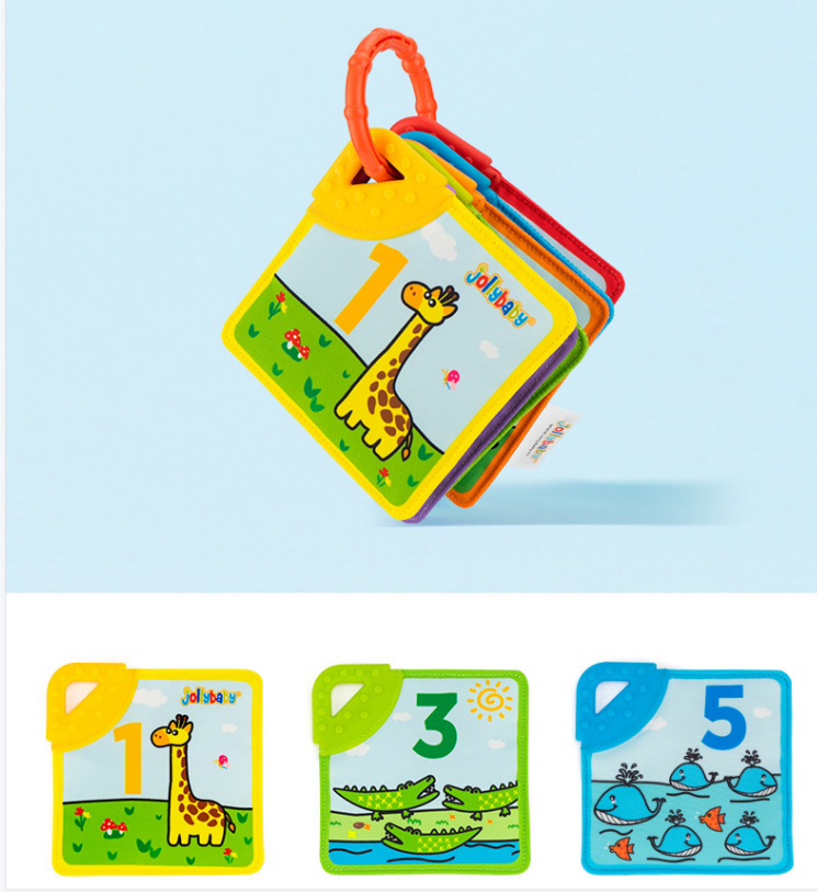 Jollybaby Baby Sensory Teether Toys - Teething Crinkle Book,Soft Cloth Books BPA-Free,Newborn Teethers for Babies, Infant (Colors Animal and Number)
