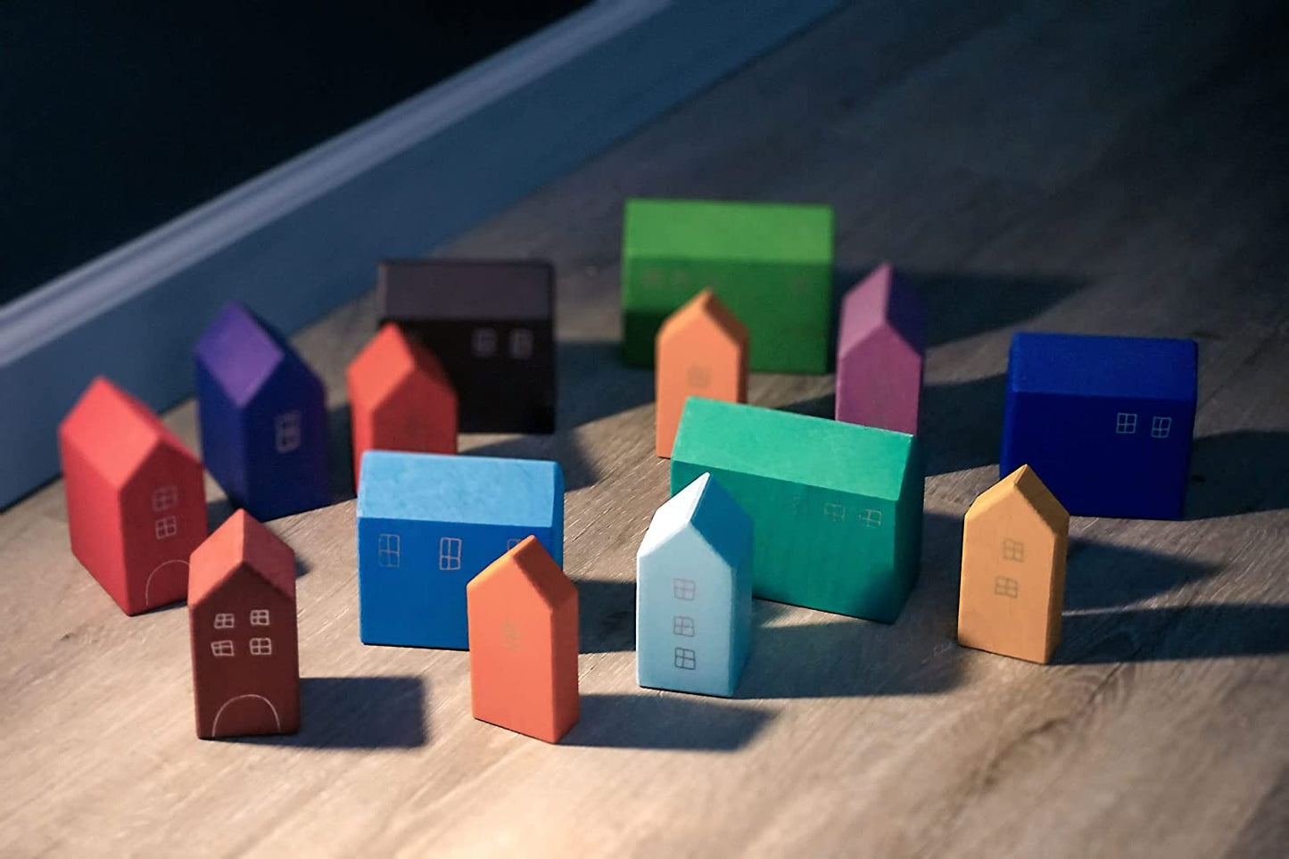 Wooden Rainbow House Blocks with Tray - 15Pcs