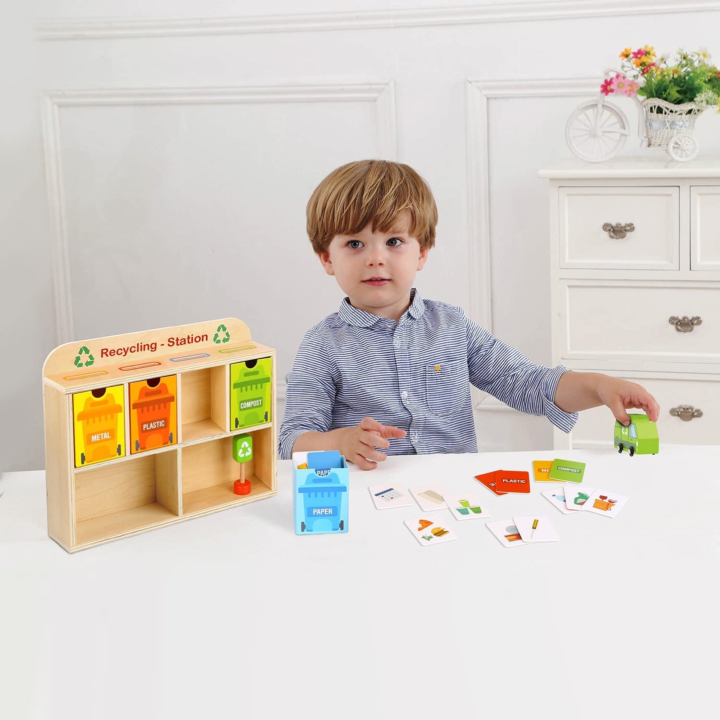 39pc Tooky Toy Wooden Recycling Centre 3y+ Kids/Toddler Educational Game Play