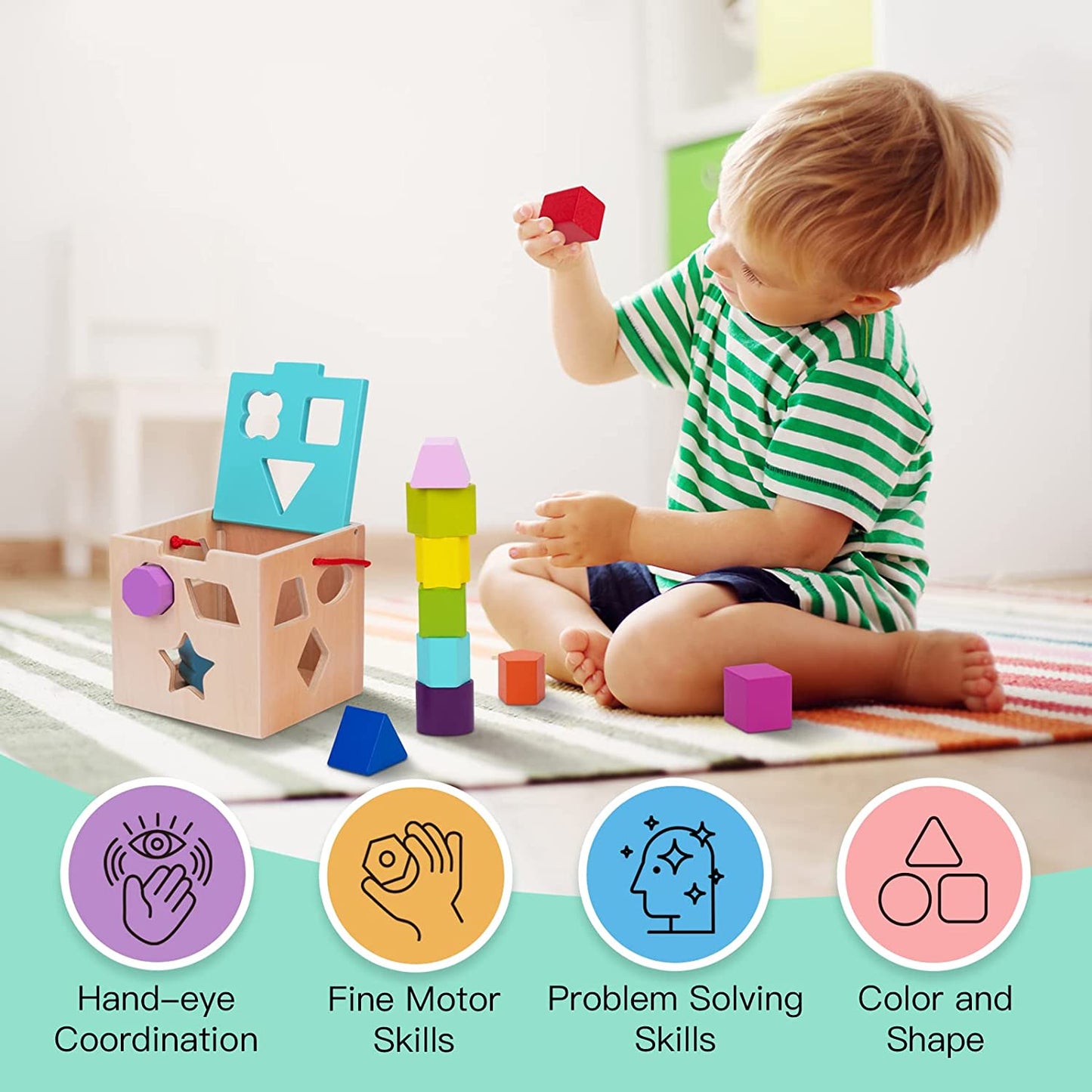 Tooky Toy Wooden Shape Sorter - 12 Pcs Cube