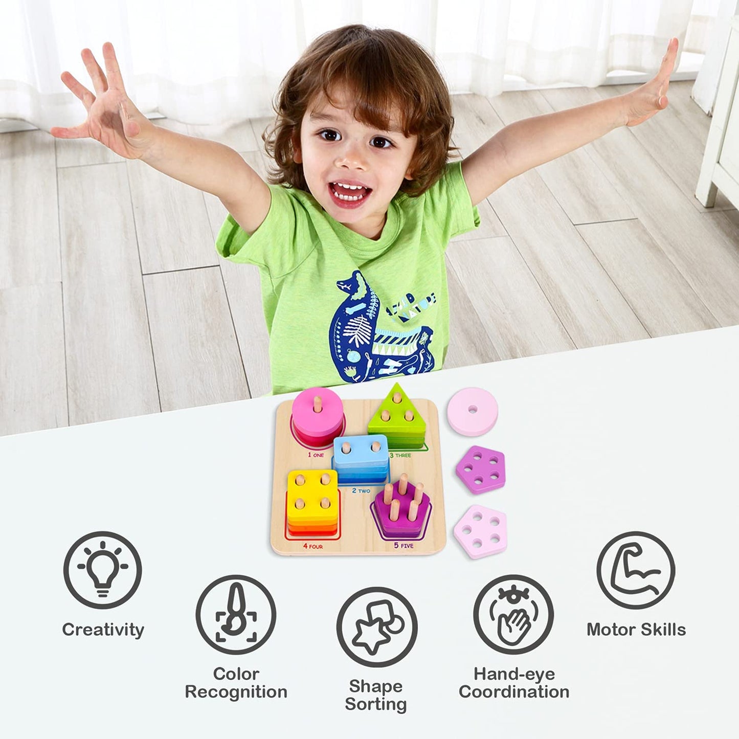 Tooky Toy Wooden Geometric Block Sorter 21 Pcs - Montessori Toy