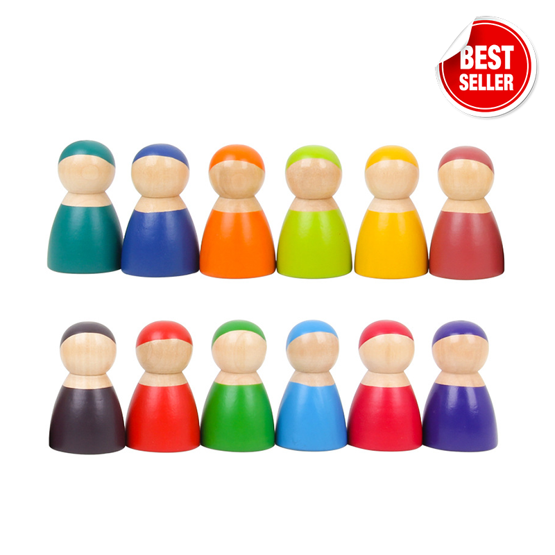 Prism Play 12 Pcs Wooden Rainbow Peg Dolls Wooden Rainbow People Wooden Rainbow Friends Tahi Toy