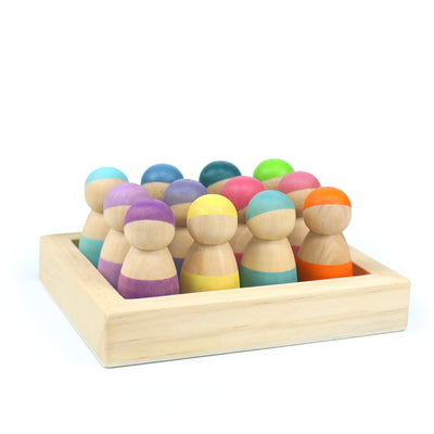 Prism Play 12 Pcs Rainbow Wooden Peg Dolls Friends with Tray - Pastel Macaron