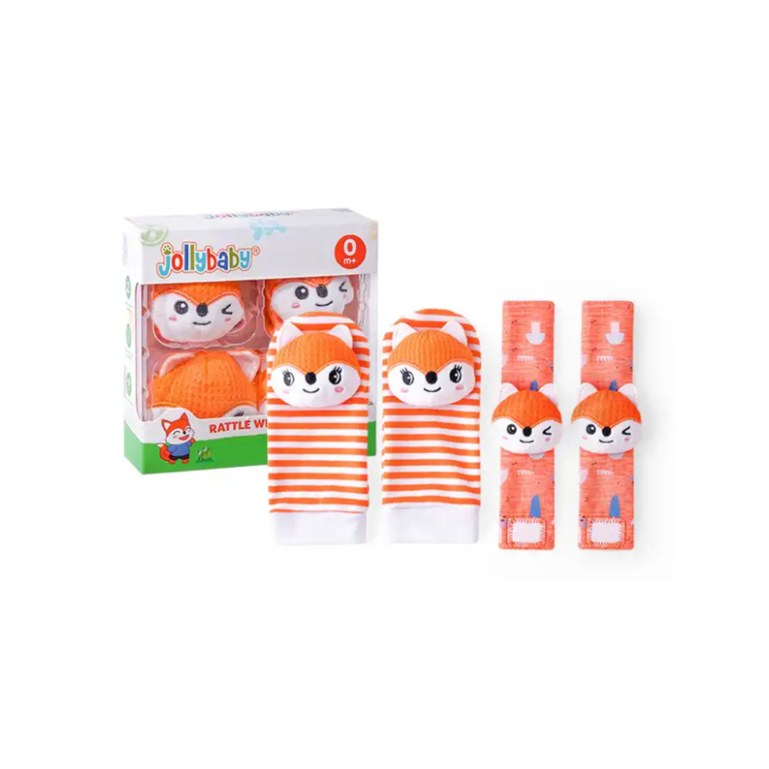 Jollybaby Newborn Wrist Rattles Foot Finder Toys 4 Pcs Gift Set - Fox