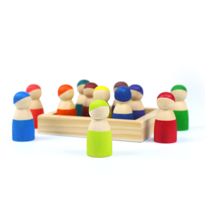 Prism Play 12 Pcs Rainbow Wooden Peg Dolls Friends with Tray - Pastel