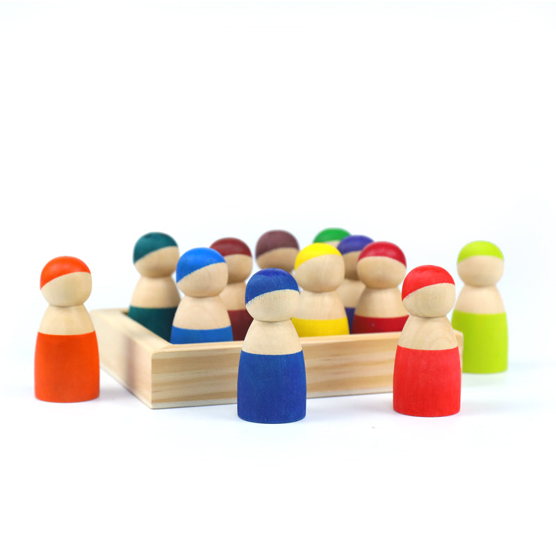 Prism Play 12 Pcs Rainbow Wooden Peg Dolls Friends with Tray - Pastel