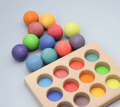 Prism Play 12-Piece Rainbow Wooden Sorting Balls Set with Tray & Storage Bag