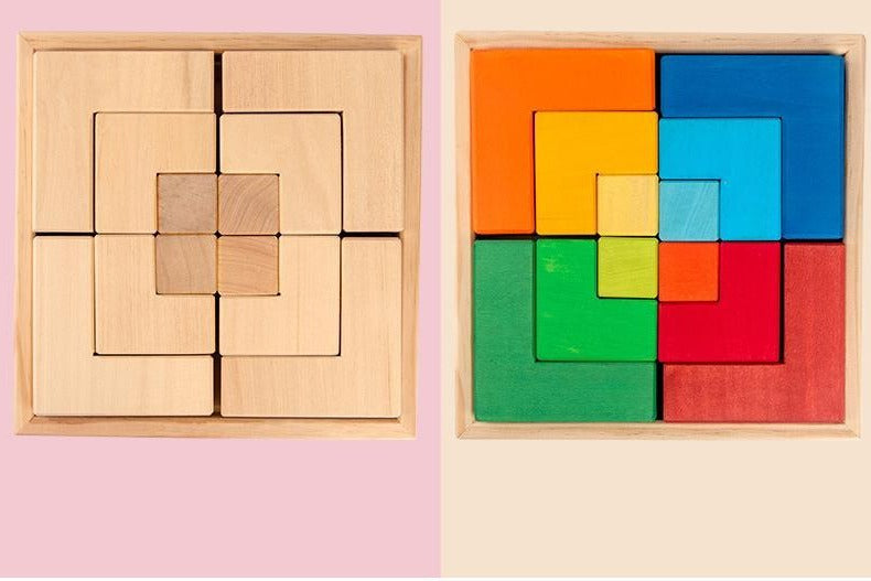 Wooden Rainbow Corner-Square Large Jigsaw Puzzle Block--12 PCS Montessori
