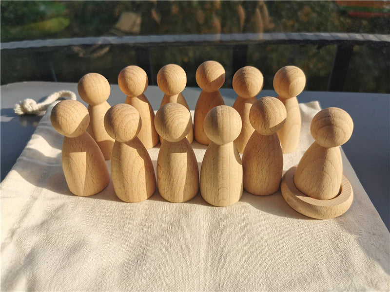 Prism Play 12 Pcs Wooden Peg Dolls with Tray - Natural Colour
