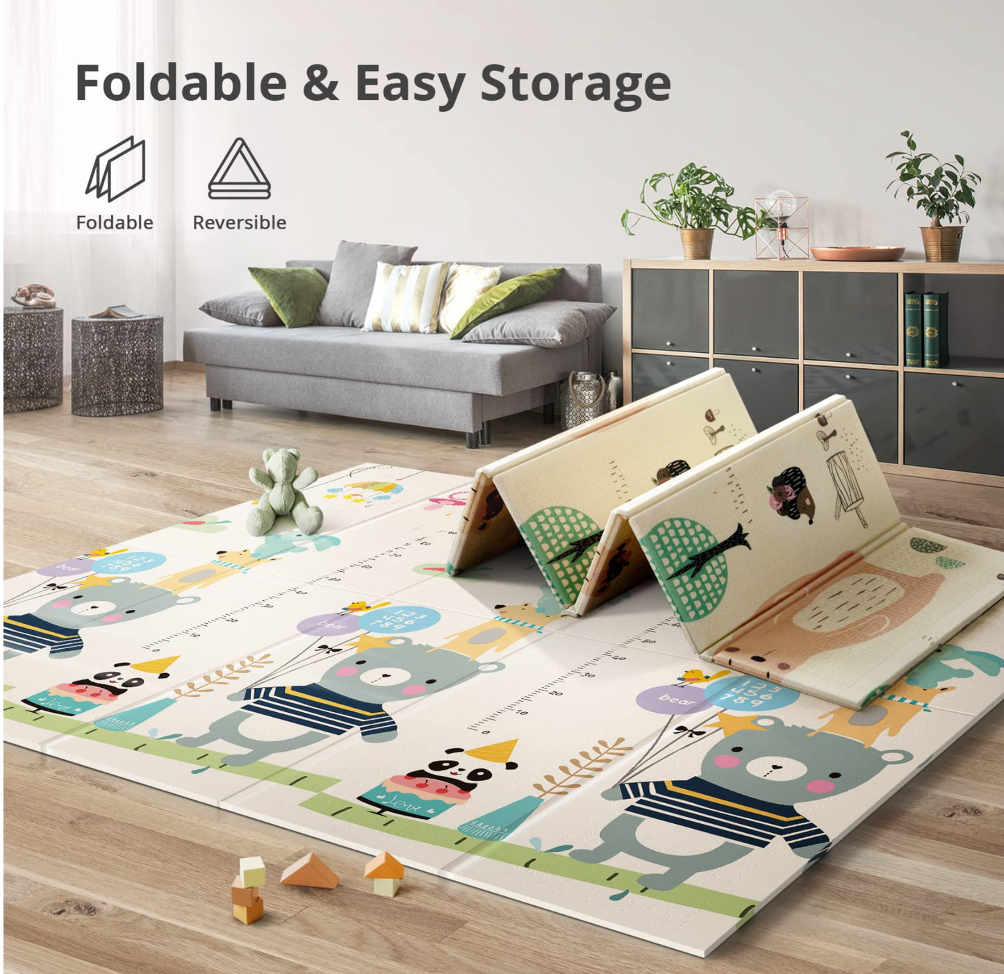 2m*1.5m*1cm - Foldable Baby Play Mat with Carry Bag - Road Map&123 Double Sides - (Thickness 1CM) - Waterproof Indoor Outdoor Use