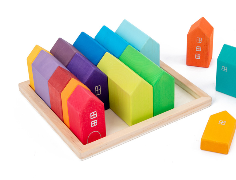 Wooden Rainbow House Blocks with Tray - 15Pcs