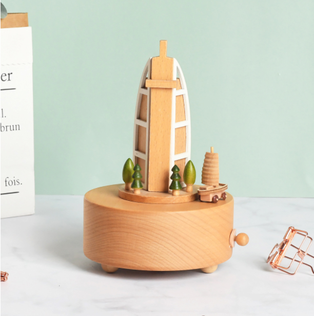 Wooden Music Box with Magnetic Moving Sailboat