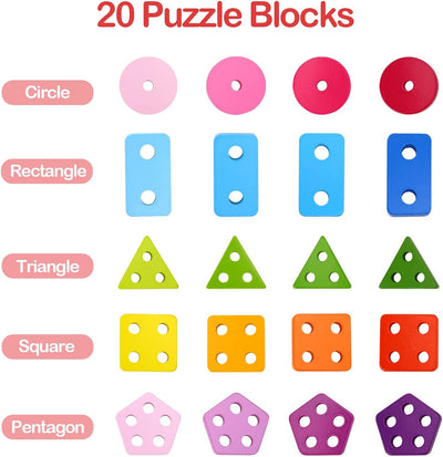Tooky Toy Wooden Geometric Block Sorter 21 Pcs - Montessori Toy
